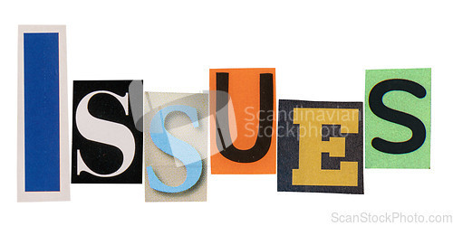 Image of The word issue made from cut out letters