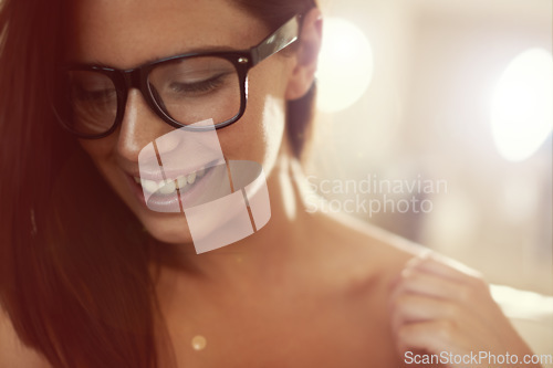 Image of Woman, face and smile with glasses for vision, eye wellness and advertising for designer eyewear with bokeh. Person, eyeglasses and happy with optometry, frames and eyecare for healthcare and focus