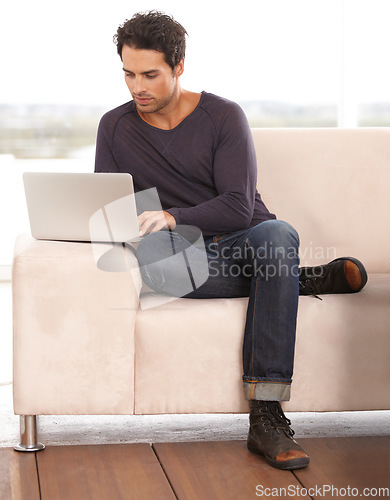 Image of Man, work from home and typing on laptop for stock market investment, planning and research with website on sofa. Startup freelancer or trader on couch or lounge with computer and trading software