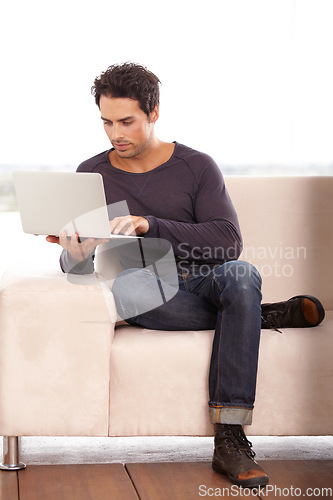 Image of Man, work from home and typing on computer for stock market investment, planning and research with website on sofa. Startup freelancer or trader on a couch, laptop and trading software for analysis