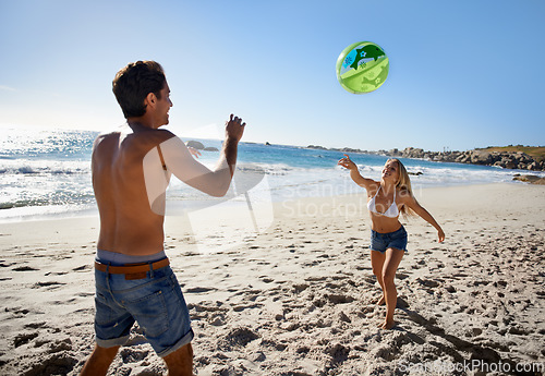 Image of Couple, ball playing and fun by beach in summer with love, care and support together on a holiday. Happy, vacation and date by the sea in Miami with freedom and travel by the ocean on a trip outdoor