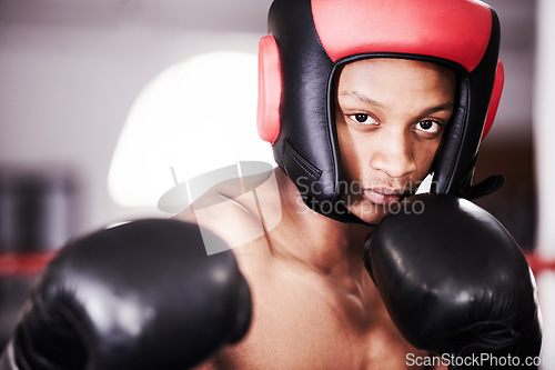 Image of Man, portrait and gloves for boxing fitness or sports training or competition, athlete fighter or safety gear. Black person, fist and exercise workout or punch practice or challenge, battle in mma