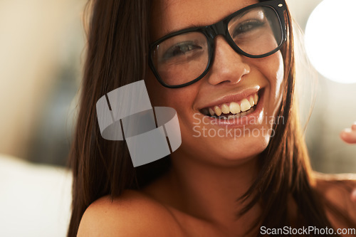 Image of Woman, portrait or happy and glasses for vision, eye wellness and advertising for designer eyewear with bokeh. Person, eyeglasses and smile with optometry, frames and eyecare for healthcare and focus