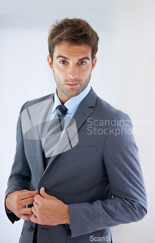 Image of Portrait, suit and business with man, entrepreneur and confidence with startup, consultant and lawyer. Worker with legal practice, agent or employee with professional, corporate or career with blazer