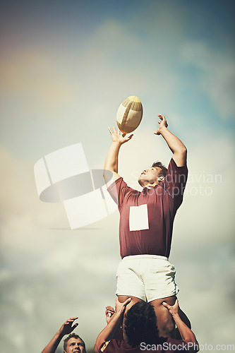 Image of Rugby, sports and ball and man training on field for athlete, health and stadium practice. Challenge, competition and performance with male person in outdoor pitch for exercise, games and workout