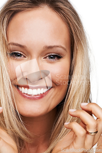 Image of Portrait, happy woman and smile for haircare in studio for mock up on white background. Swedish model, closeup and excitement on face in result of treatment, keratin or brazilian mask for hair health