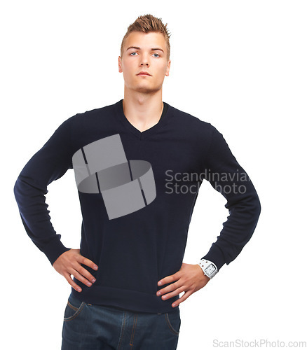 Image of Man, fashion and casual style with portrait, serious and isolated on white studio background. Fashionable, wall or trendy with clothes, standing or hands on waist, face and young with confidence