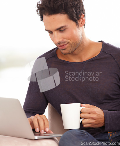 Image of Coffee, laptop and online with man on sofa for social media, networking and connection. Website, streaming and digital with person in living room at home for remote work, research and technology