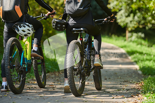 Image of A blissful couple, adorned in professional cycling gear, enjoys a romantic bicycle ride through a park, surrounded by modern natural attractions, radiating love and happiness