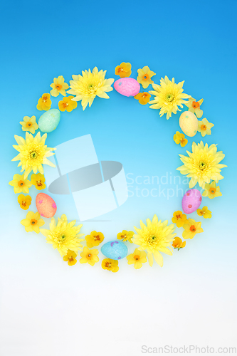 Image of Abstract Easter Wreath with Flowers and Eggs