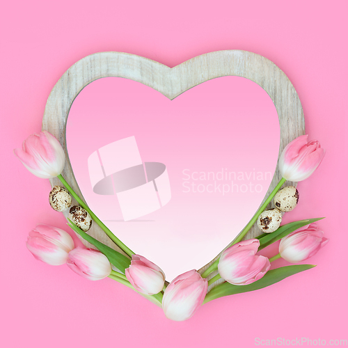 Image of Tulip Flower and Quail Egg Abstract Heart Shape Frame