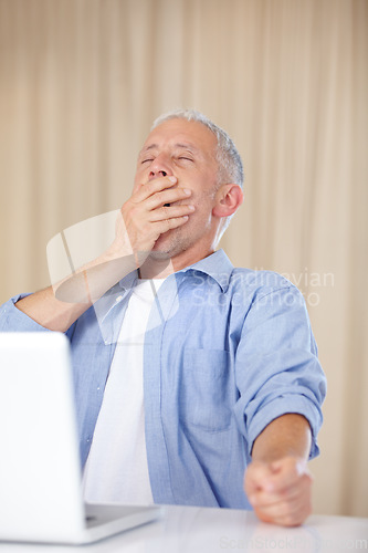 Image of Mature man, laptop and yawn or tired, fatigue and burnout for challenge on technology. Male person, internet and exhausted for information, brainstorming and online research or plan and overworked