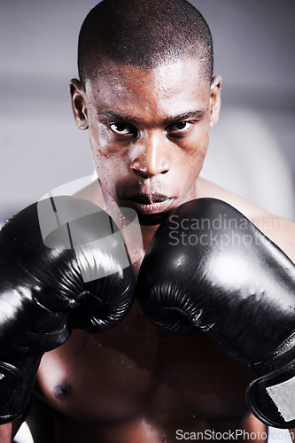 Image of Boxing, gloves and portrait of black man with confidence, fitness and workout challenge at sports club. Strong body, face of athlete or boxer in gym with sweat and warrior power in competition fight.