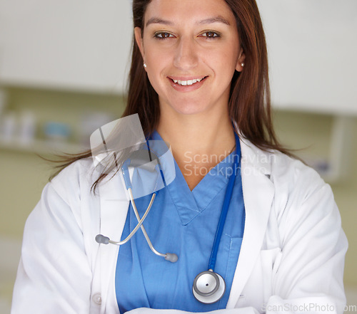 Image of Happy woman, portrait and veterinarian doctor at clinic for animal care, shelter or health service. Face of female person, nurse or medical pet surgeon smile in confidence for healthcare at vet