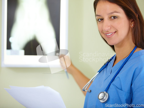 Image of Happy woman, portrait and veterinarian doctor with xray of animal for examination, tests or diagnosis on injury at vet. Female person, nurse or medical pet professional with CT scan or MRI at clinic