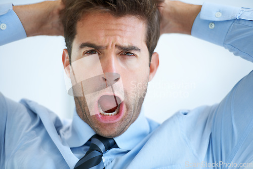 Image of Portrait, screaming and business with man, frustrated and emoji with professional, angry and stress in a workplace. Face, person and agent with bad news, fail and employee with mistake and office