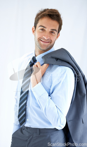Image of Businessman, portrait and happy in office for career, professional and employee at corporate job. Entrepreneur, face and person for smile, confidence and pride with calm expression or blazer at work