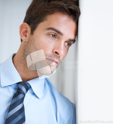 Image of Business man, thinking and stress on career future, anxiety and mental health in office and problem solving. Male person, nervous and worry for promotion, opportunity and ideas for growth in mockup