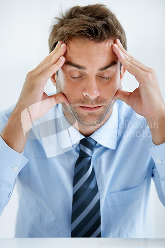 Image of Business man, headache and stress for bankruptcy, stock market crash or financial fail in office on a wall or white background. Tired or frustrated person or mature boss with debt crisis and pain