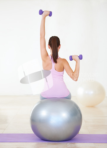 Image of Woman, back and fitness on ball, dumbbells and balance in gym, training and strong muscle in arms. Girl, workout and exercise with pilates, weightlifting and hard work for health, wellness and body