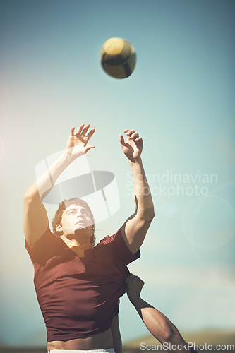 Image of Rugby, sports and practice and man on field for training, health and stadium. Challenge, competition and athlete performance with male person in outdoor pitch for exercise, games and workout