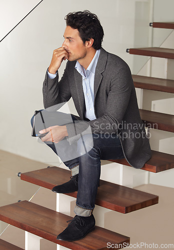 Image of Thinking, anxiety and business man waiting on stairs of office building with stress, fear or worry. Hiring, human resources or nervous applicant overthinking on steps for recruitment opportunity