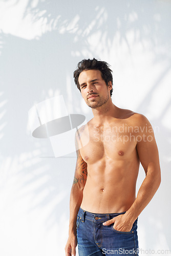 Image of Thinking, man and outdoor in the sun with vacation and calm with memory and body fitness. White background, model and contemplating with a relax person from California in the sunshine with confidence