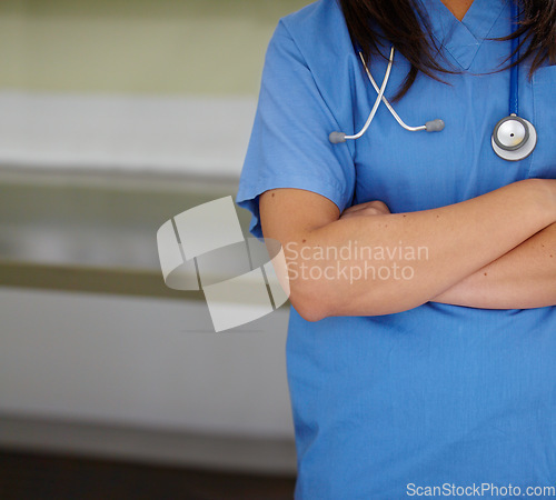 Image of Woman, nurse and arms crossed of professional veterinarian for healthcare or domestic animal service. Closeup of female person, doctor or medical surgeon in confidence at pet shelter, clinic or vet