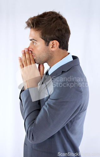 Image of Businessman, thinking and stress on career future, anxiety and mental health in studio by white background. Male person, nervous and worry for promotion, opportunity and ideas for growth in mockup