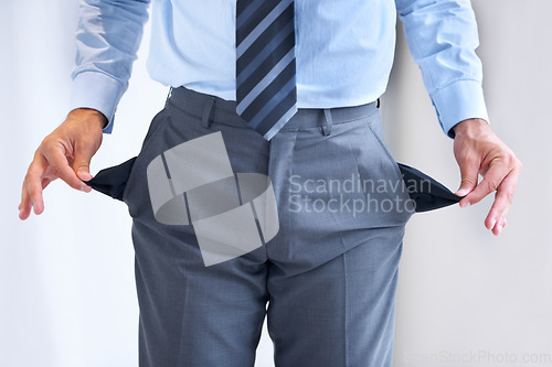 Image of Hands, bankrupt and broke with pockets of a business person in studio on a white background. Economy, debt or financial crisis and a poor or jobless employee with poverty problems during a recession