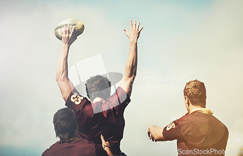 Image of Rugby, sports and winner and man on field for training, health and stadium practice. Challenge, competition and teamwork performance with male person in outdoor pitch for exercise, games and workout