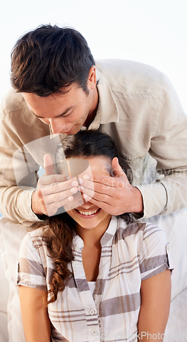 Image of Couple, romantic and husband covering eyes for surprise, smile and happy for love, wife and bonding together. Outdoor, secret and news for marriage, relationship and announcement with excitement
