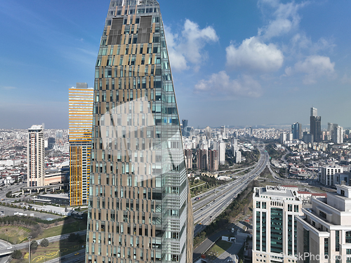 Image of Cinematic aerial view of city skyline modern business financial skyscrapers building and shopping mall of Istanbul Turkey