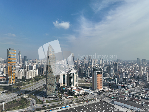 Image of Cinematic aerial view of city skyline modern business financial skyscrapers building and shopping mall of Istanbul Turkey