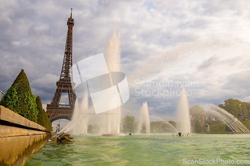 Image of Eiffel Tower viewed through the Trocadero Fountains in Paris