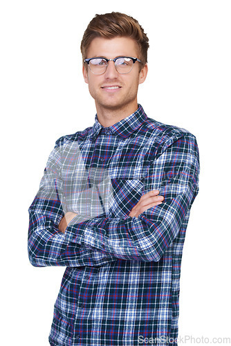 Image of Man, portrait and smile in studio with arms crossed and vision or glasses for fashion and designer eyewear. Person, face and optometry with prescription eyeglasses or spectacles on white background