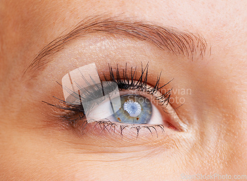 Image of Eyes, woman and closeup with eyelashes, makeup and vision with iris. Zoom, macro and eyeball of a female model for optometry, future and retina for perspective and cosmetics with lash extensions