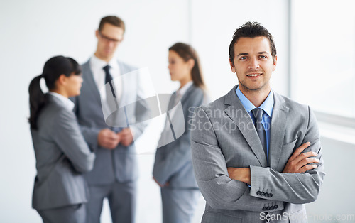 Image of Team leader, arms crossed and professional portrait man, lawyer or management for legal pride, law firm collaboration or career. Business meeting, justice and corporate attorney for government work