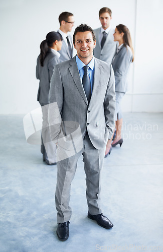 Image of Business people, group leadership or happy man, portrait lawyer or boss with pride, law firm career or team leader experience. Vocation, manager smile or advocate cooperation on brainstorming meeting