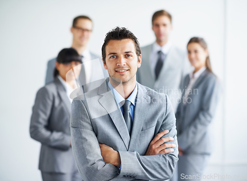 Image of Team leader happiness, arms crossed and business portrait man, lawyer or advocate legal pride, confidence or career experience. Group trust, boss and attorney happy for corporate community management