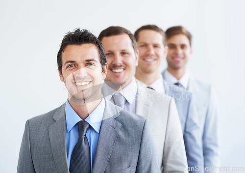 Image of Happy, portrait and business people in office line with teamwork, support or row of solidarity. Corporate, people and face of lawyer team together for partnership, commitment or startup success