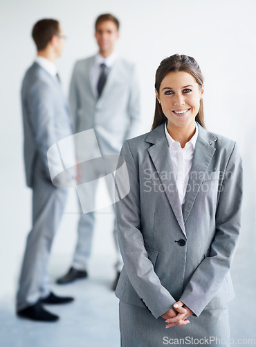 Image of Businesswoman, portrait and happy for future in law career, confident and ready for job. Worker, corporate attorney in suit and professional in workplace, colleagues and proud for company growth