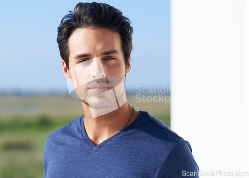 Image of Thinking, calm man and outdoor in the sun with idea and model with memory and modern style. Summer, patio and contemplating with a relax male person from California in the sunshine with confidence