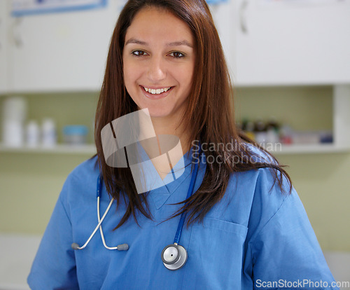 Image of Happy woman, portrait and veterinarian nurse at clinic for animal care, shelter or health service. Face of female person, nurse or medical pet surgeon smile in confidence for healthcare at vet
