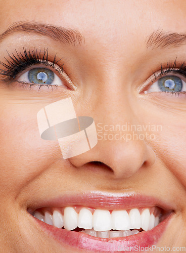 Image of Woman, eyes and closeup with smile, teeth and vision with iris. Zoom, joy and happiness of a natural female model for optometry, future and positive emotion and cosmetics with lash extensions