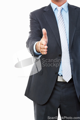 Image of Shaking hands, business offer and studio meeting for job interview, introduction or hiring agreement. Corporate person or employer with client POV handshake, hello and welcome on a white background