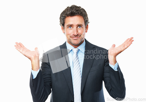 Image of Portrait of business man, palm and choice, comparison or balance scale isolated on white studio background. Face, shrug or confused professional with decision, doubt and hand gesture, why or question