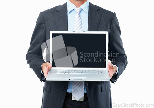 Image of Business hands, laptop screen and mockup for advertising website, stock market sign up or presentation in studio. Professional person with computer space or trading registration on a white background