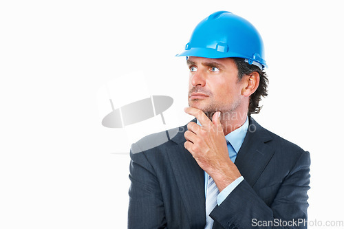 Image of Architecture, thinking and man in studio with project mockup, construction inspection or real estate planning. Mature manager or engineering expert with design ideas and goals on a white background