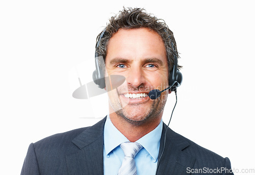 Image of Consultant, call center portrait and happy communication, customer service or support on a white background. Face of a professional agent, business man or mature advisor for FAQ or contact in studio